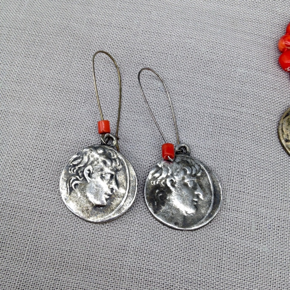 Vintage Coral & Greek Coin Necklace & Earrings Set - Picture 4 of 11